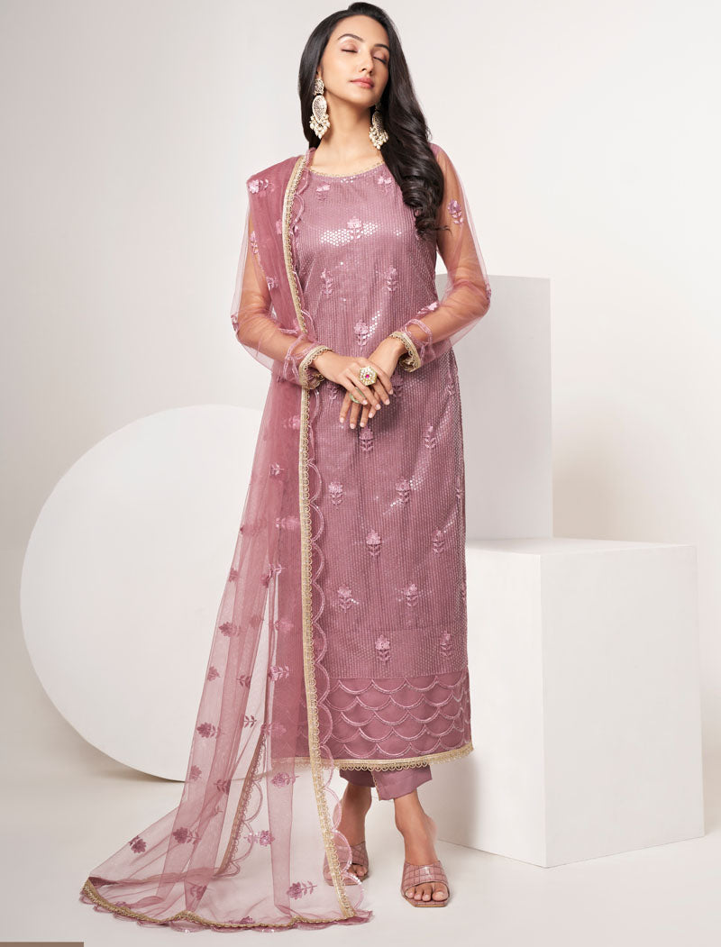 Pink Butterfly Net Luxrious Semi Stitched Salwar Suit Thread Work Embroidery & Fancy Lace