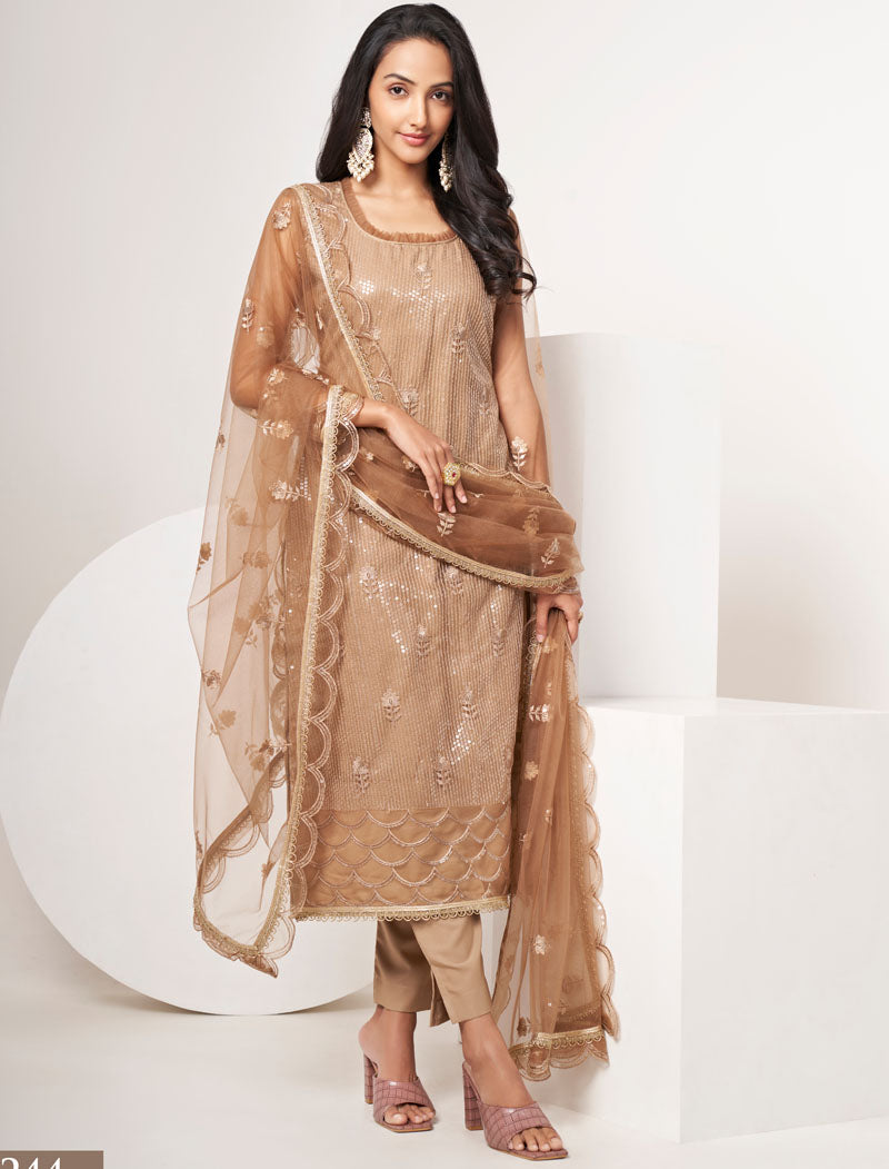 Skin Butterfly Net Semi Stitched Ethnic Salwar Suit Wtih Thread Work & Embroidery