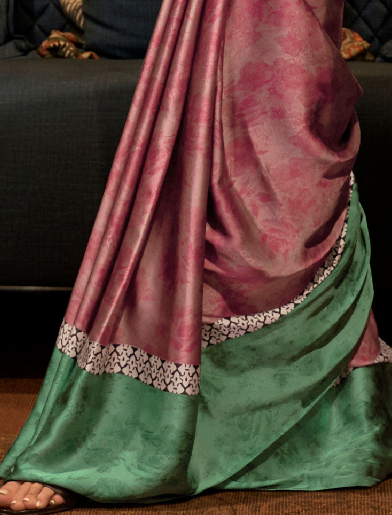 Pista Green And Peach Sea Green And Black Fancy Japan Satin Crepe With Digital Print Luxury Stylish Saree
