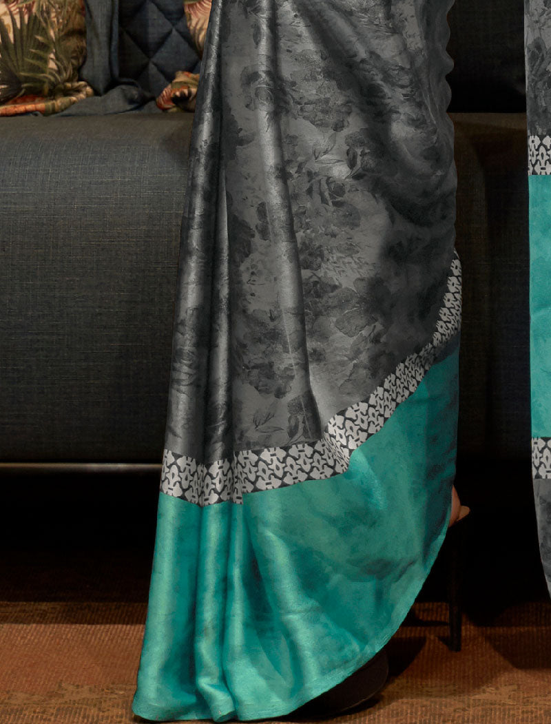 Grey And Sea Green Sea Green And Black Fancy Japan Satin Crepe With Digital Print Luxury Stylish Saree