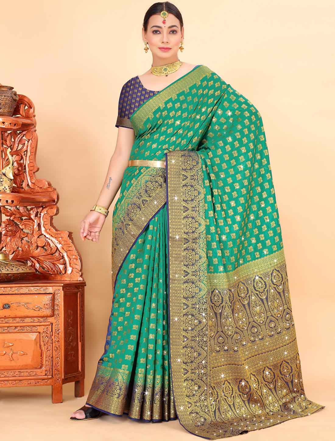 Traditional Banarasi Silk With Ethinc Woven Blouse Stone Saree