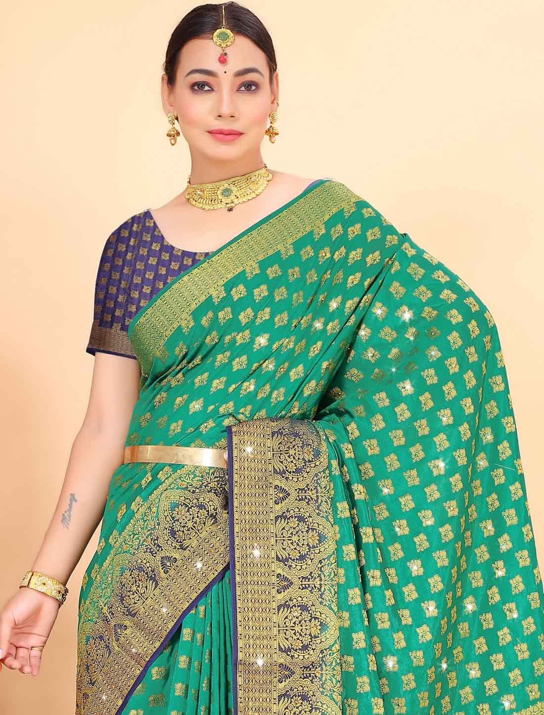 Traditional Banarasi Silk With Ethinc Woven Blouse Stone Saree