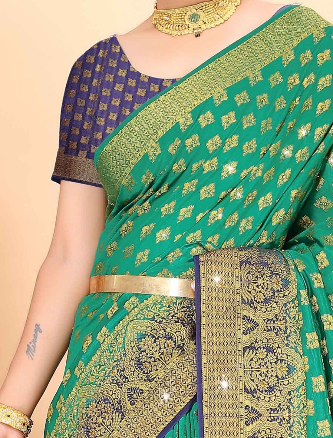 Traditional Banarasi Silk With Ethinc Woven Blouse Stone Saree