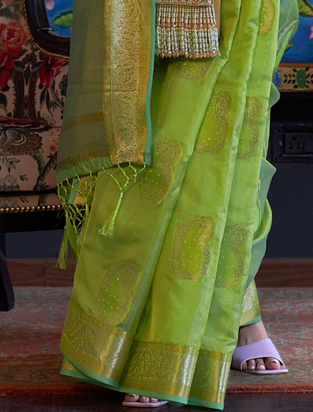 Greeen Two Tone Organza Sequins Handloom Weaving Party Wear Saree