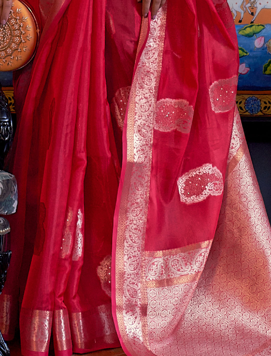 Two Tone Red Organza Handloom Weaving Designer Saree