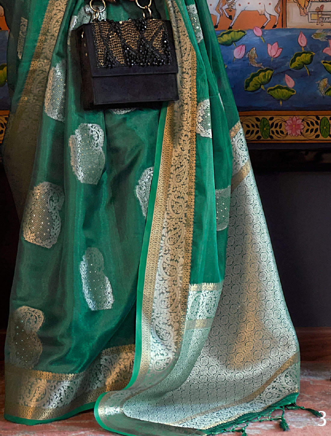 Green Organza Sequins Handloom Two Tone Designer Saree