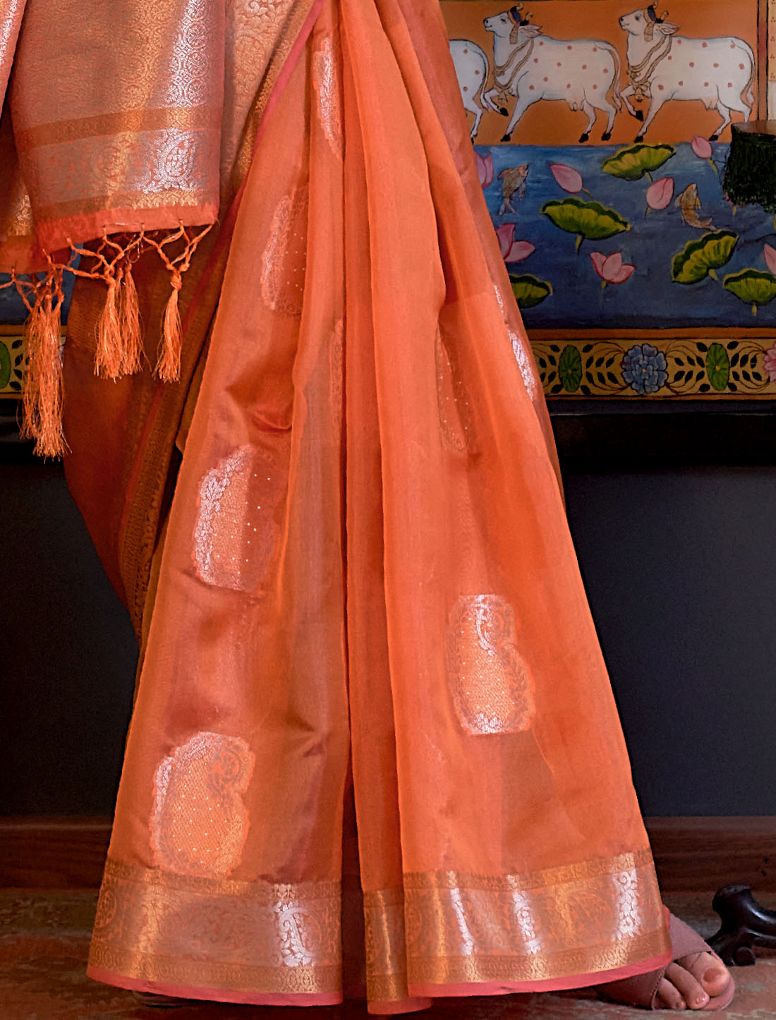 Orange Organza Sequins Designer Handloom Weaving Party Wear Saree