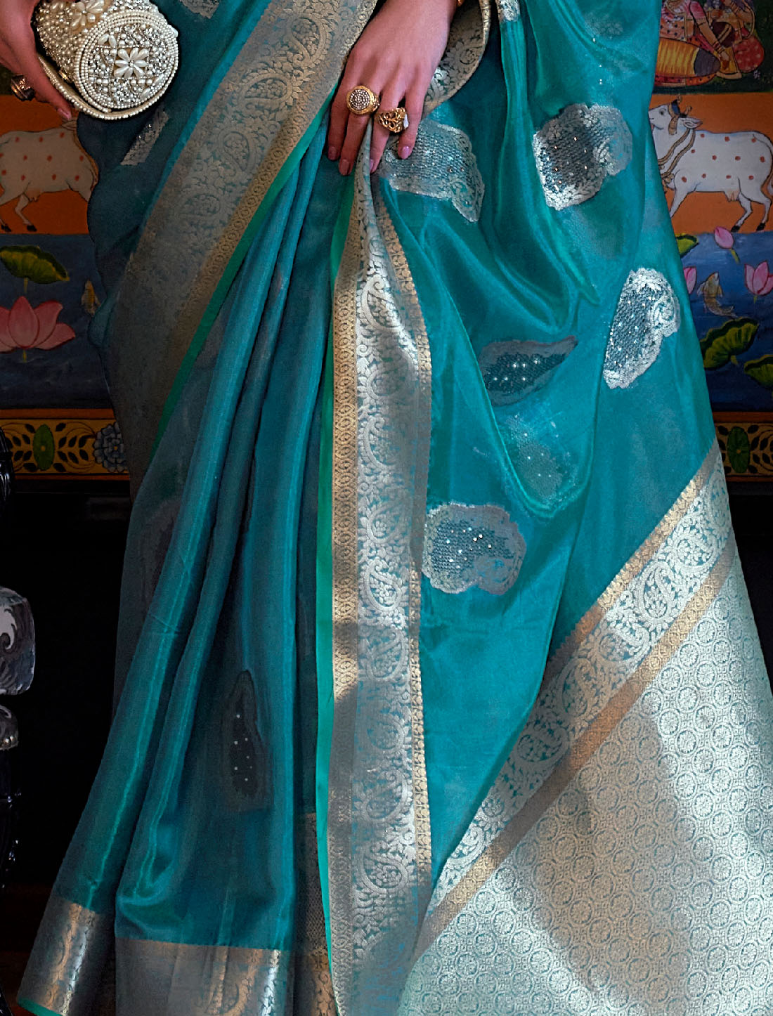 Blue Organza Sequins Handloom Weaving Desginer Party Wear Saree