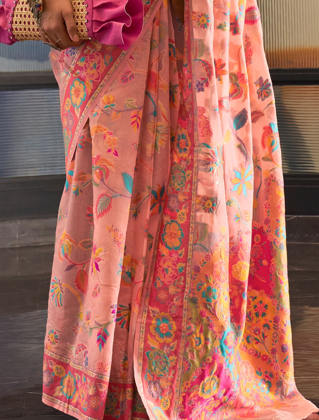 Peach Silk Party Wear Handloom Weaving Women Saree