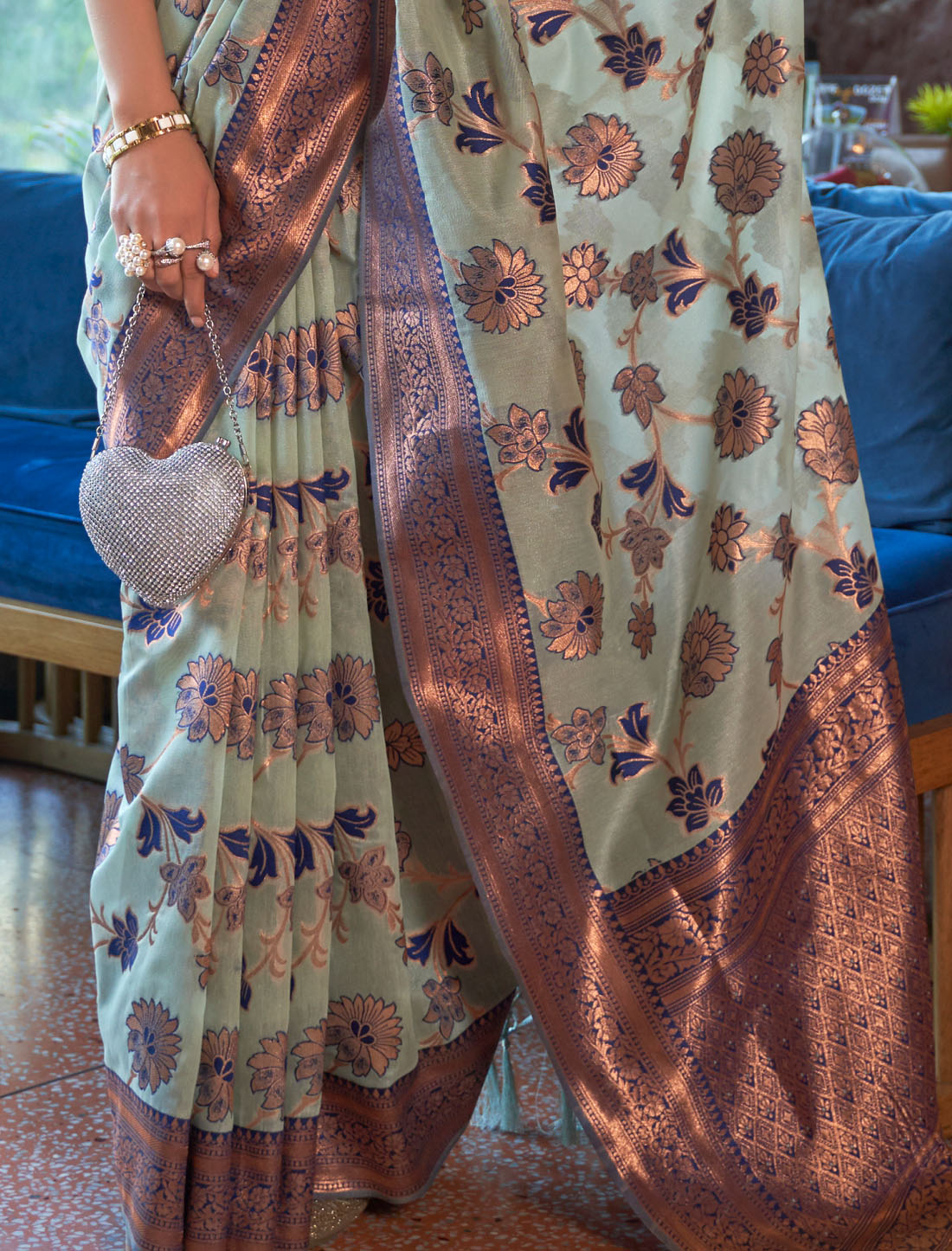 Opulent Copper Designer Shimmer Zari Organza Weaving Saree