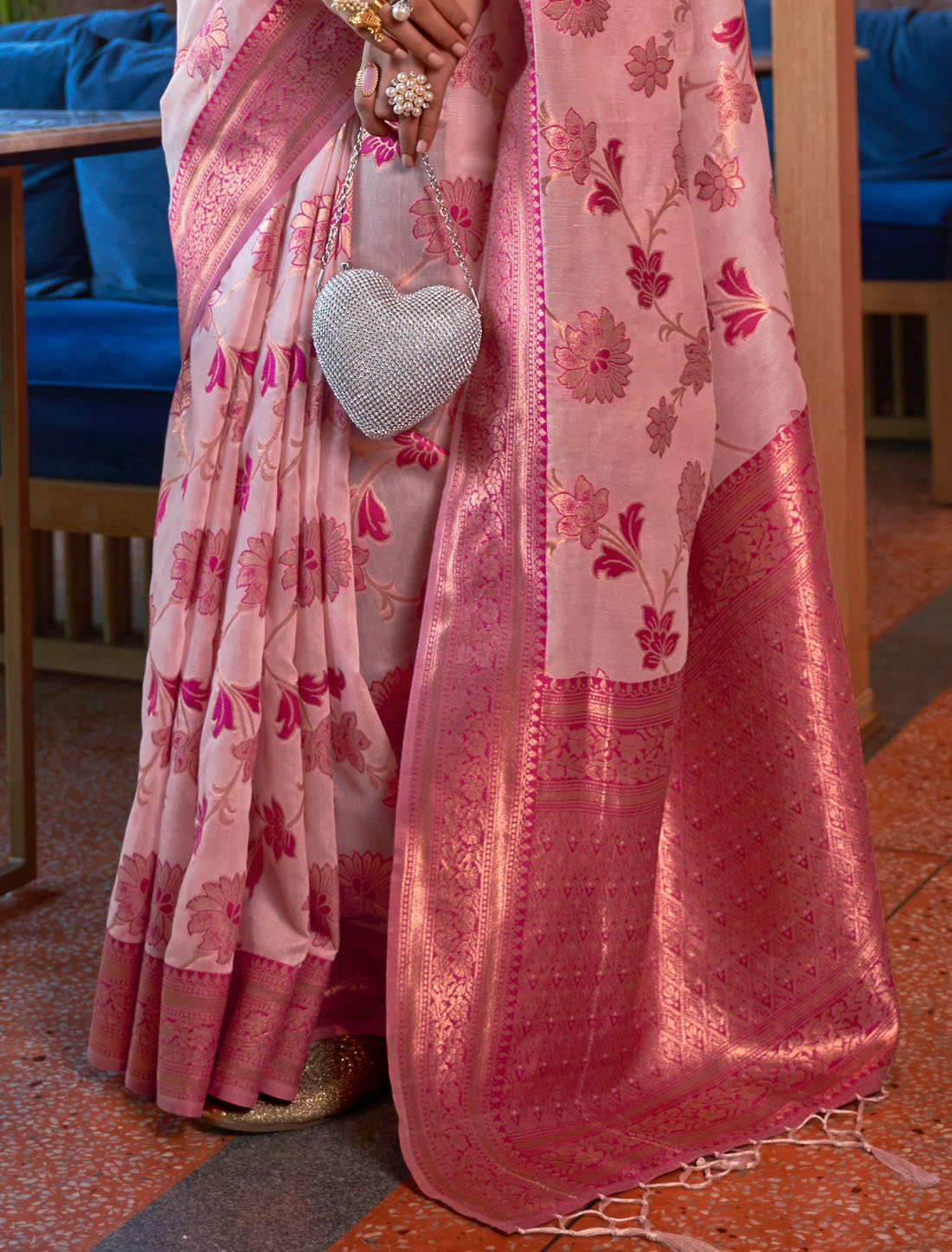 Luxurious Shimmer Weaving Copper Zari Designer Organza Saree