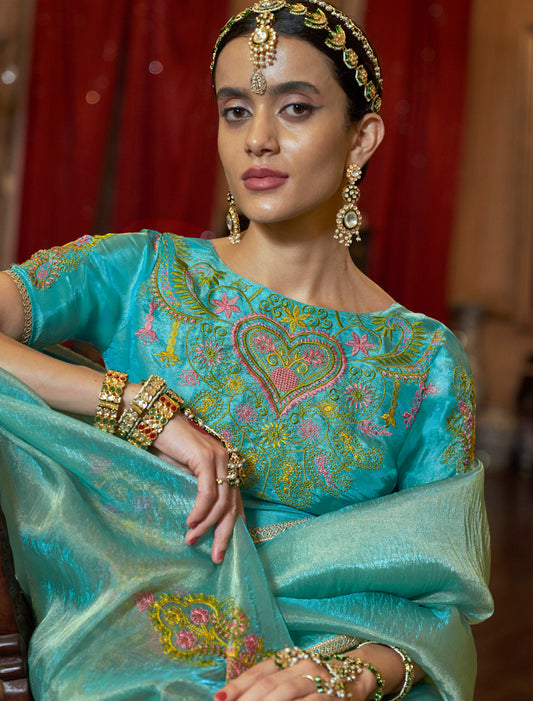 Teal Green Festive Saree with Embroidery Work
