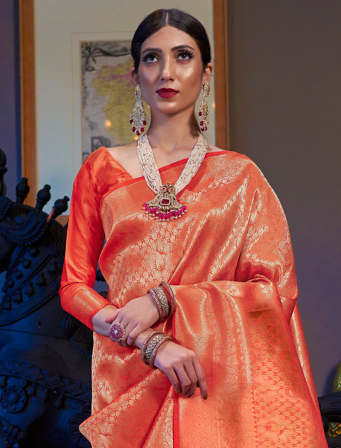 Ethnic Orange Handloom Weaving Designer Silk Saree