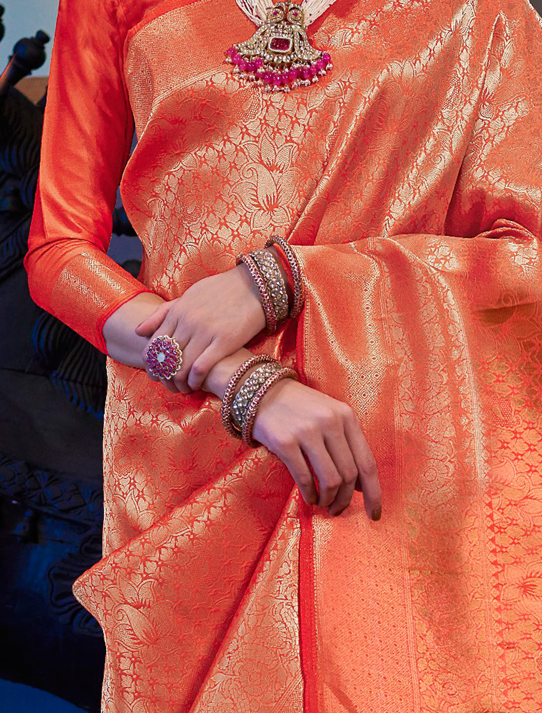 Ethnic Orange Handloom Weaving Designer Silk Saree