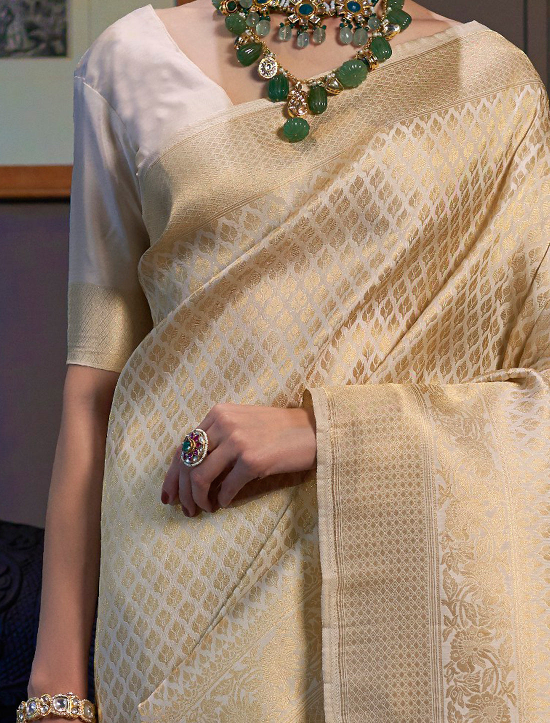 Beige Ethnic Designer Handloom Silk Saree