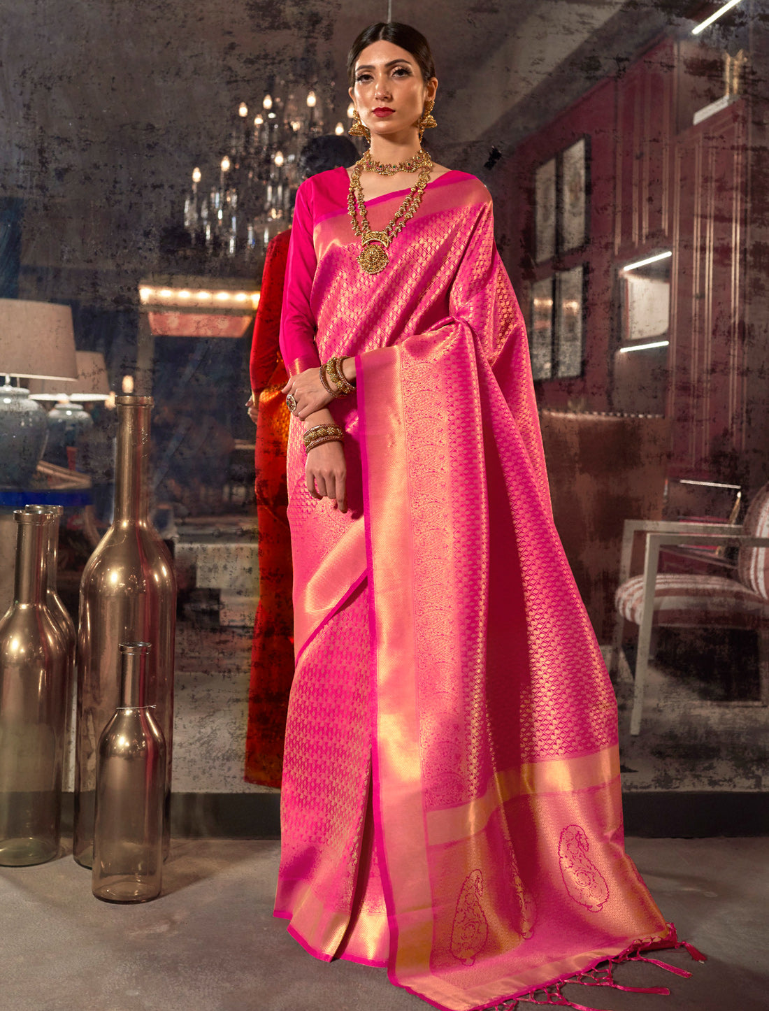 Pink Ethnic Handloom Weaving Designer Silk Saree