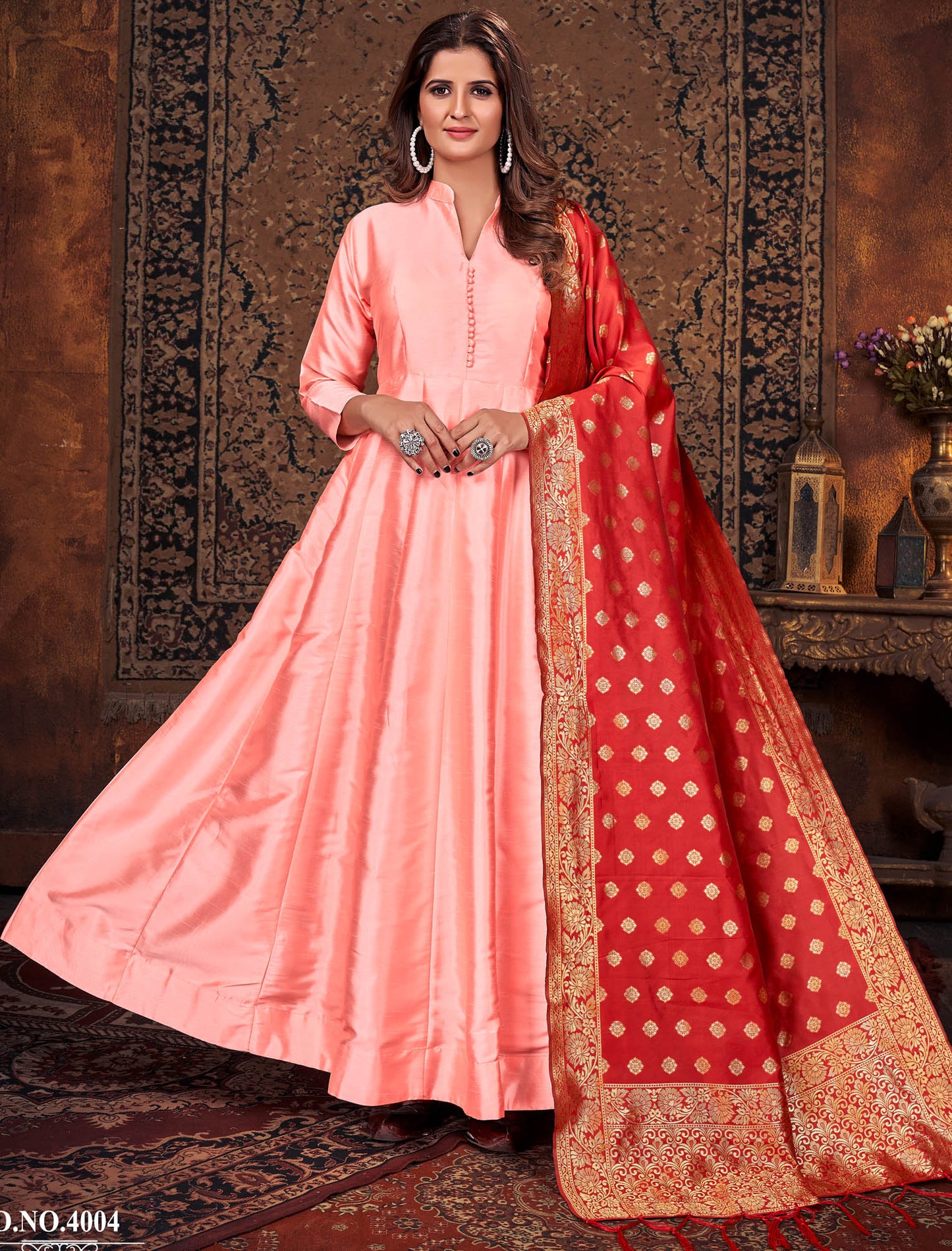 Art Silk Top Long Sleeves Jacquard Dupatta Anarkali Suit For Women