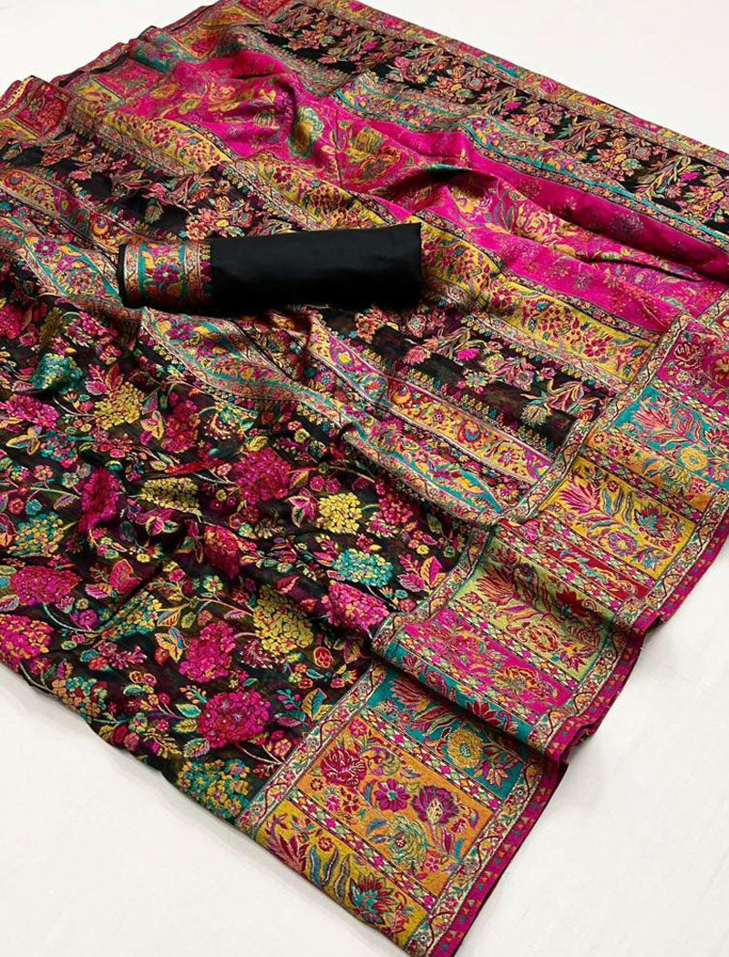 Black Silk Blend Woven Saree With Kashmiri Jamewar Type Wear For A Special Occasion