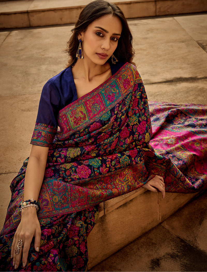 Navy Blue Silk Blend Woven Saree With Kashmiri Jamewar Type Wear For A Special Occasion