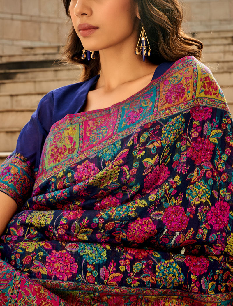 Navy Blue Silk Blend Woven Saree With Kashmiri Jamewar Type Wear For A Special Occasion