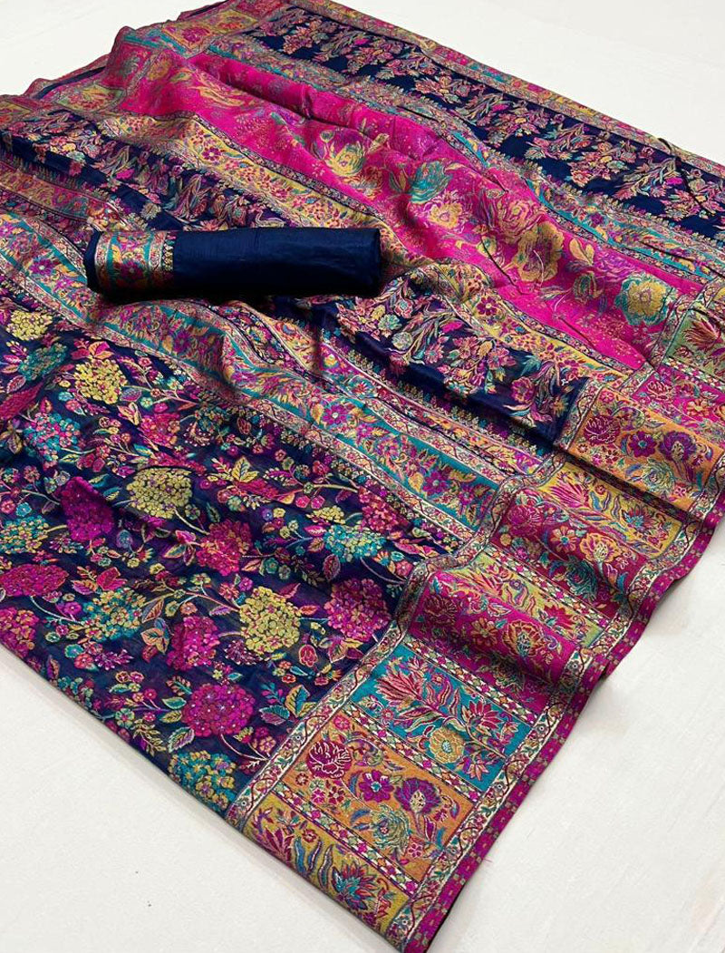 Navy Blue Silk Blend Woven Saree With Kashmiri Jamewar Type Wear For A Special Occasion