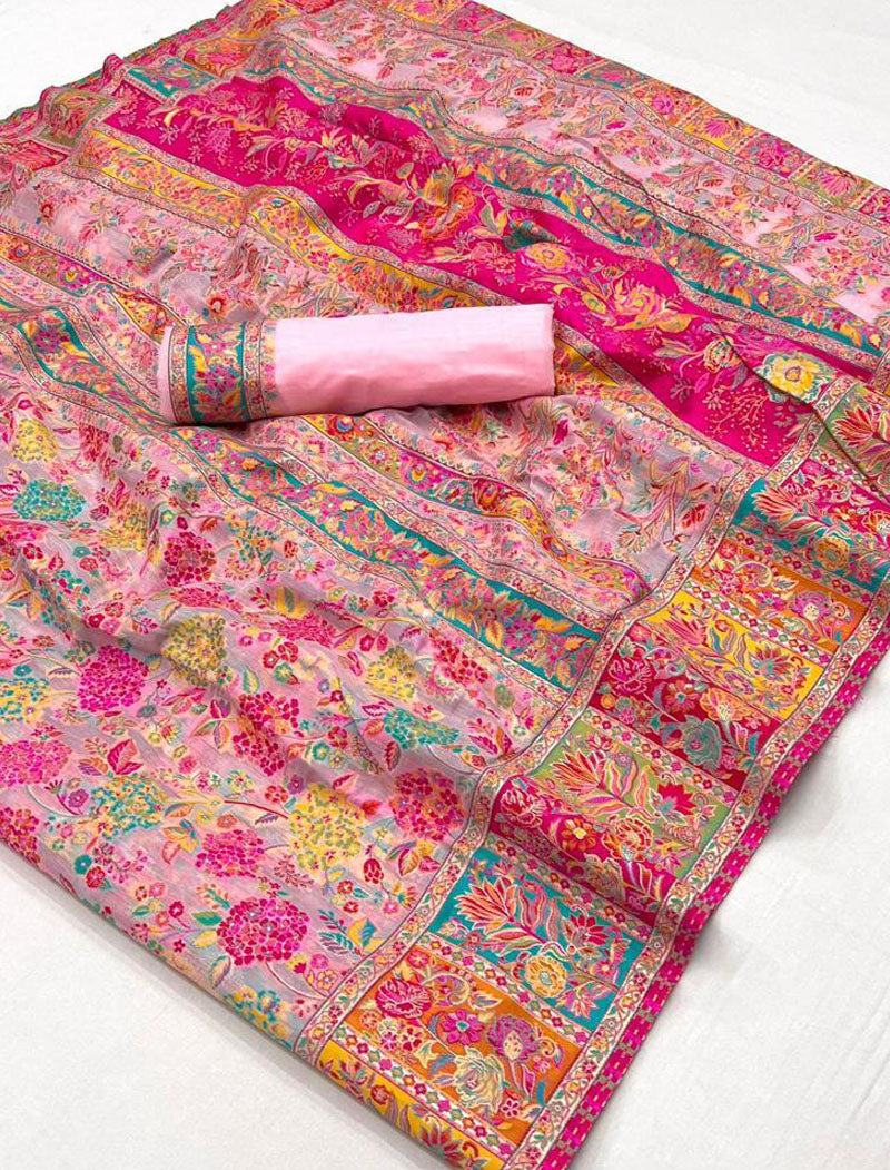 Pink Silk Blend Woven Saree With Kashmiri Jamewar Type Wear For A Special Occasion