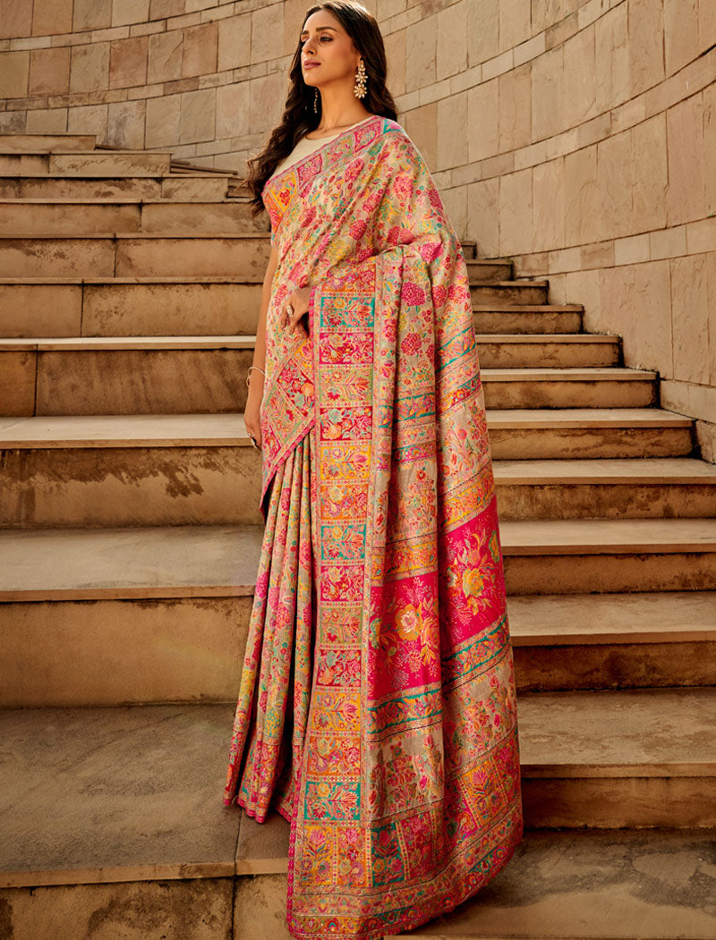 Cream Silk Blend Woven Saree With Kashmiri Jamewar Type Wear For A Special Occasion