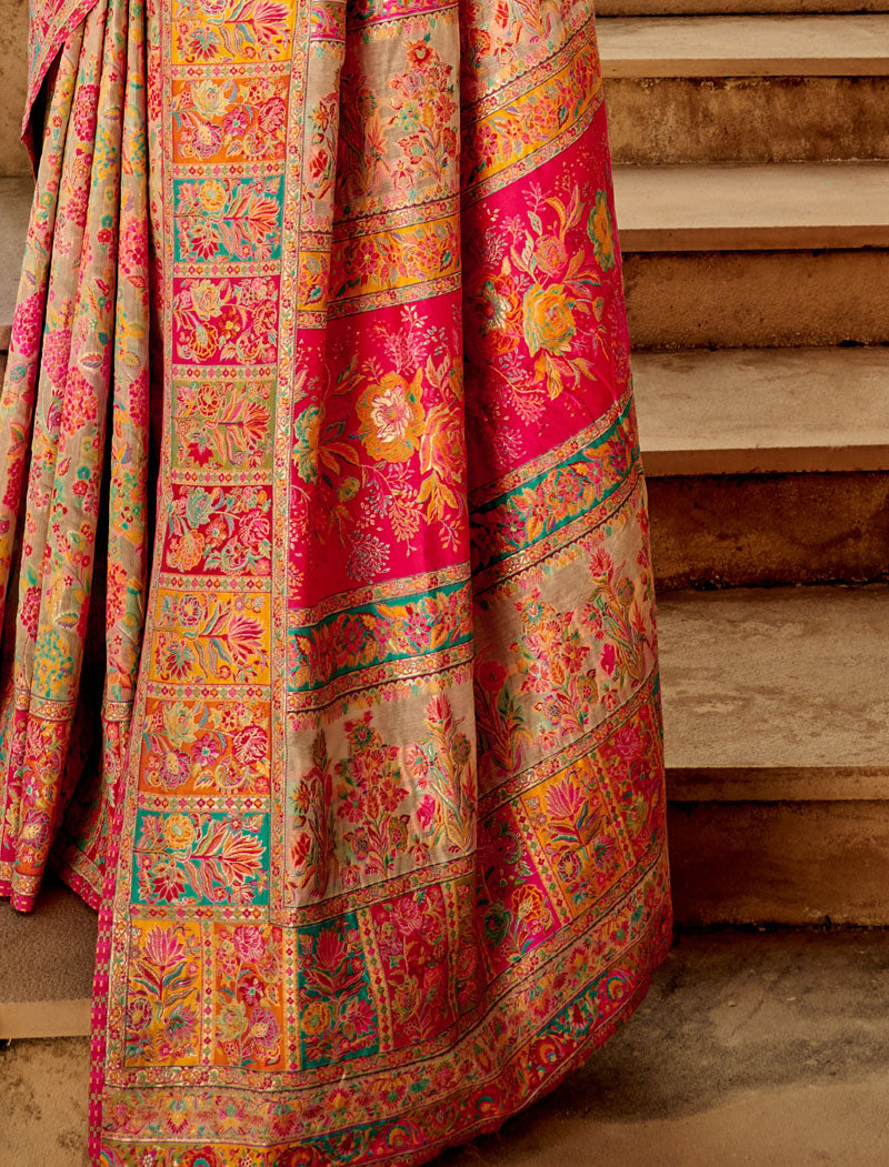 Cream Silk Blend Woven Saree With Kashmiri Jamewar Type Wear For A Special Occasion