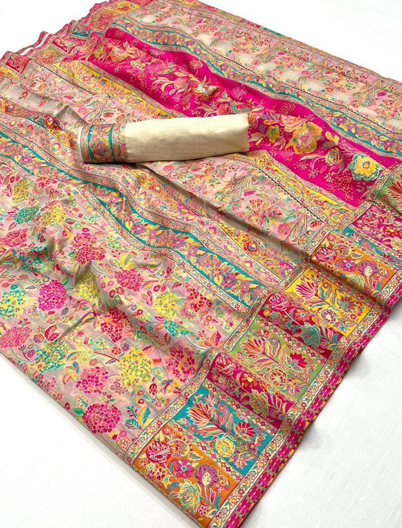 Cream Silk Blend Woven Saree With Kashmiri Jamewar Type Wear For A Special Occasion