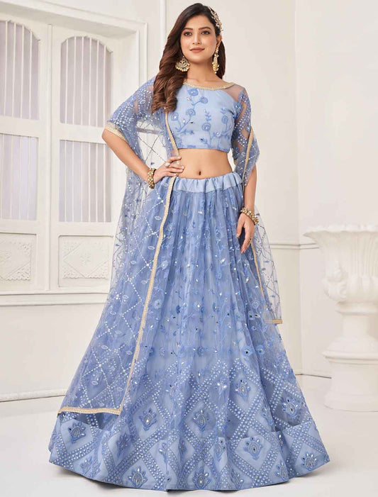 Blue Ethnic Embroidery Designer Semi-Stitched Lehenga Choli