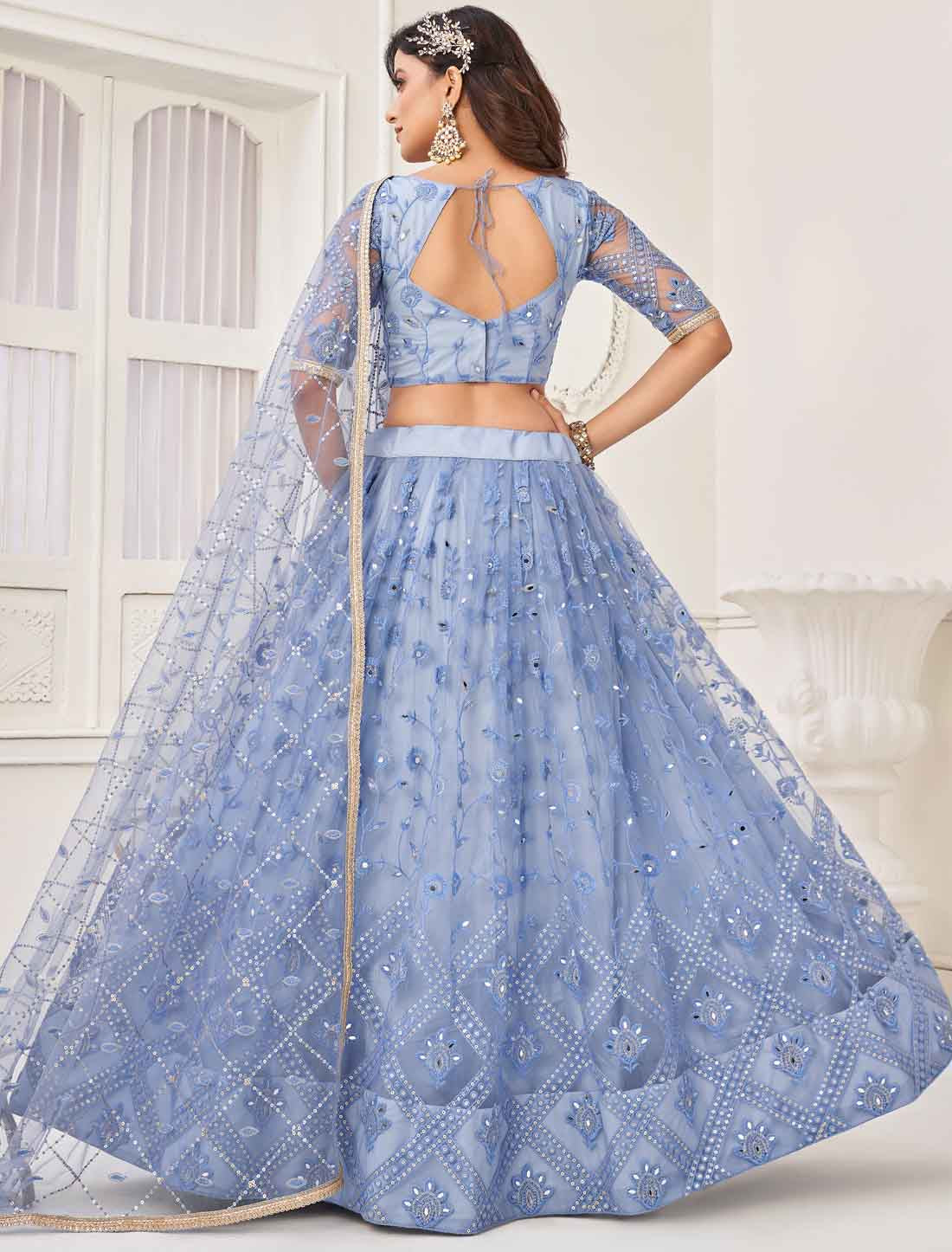 Blue Ethnic Embroidery Designer Semi-Stitched Lehenga Choli