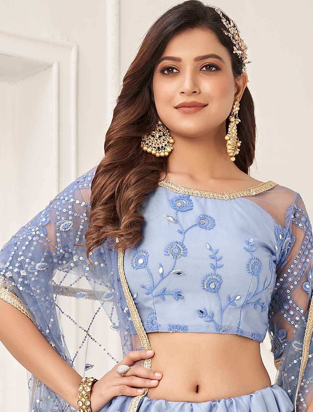 Blue Ethnic Embroidery Designer Semi-Stitched Lehenga Choli