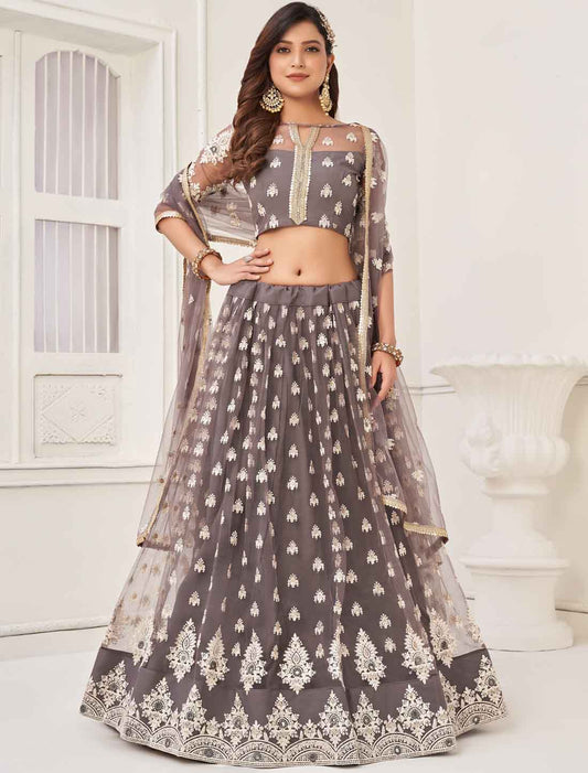 Ethnic Space Grey Embroidery Designer Semi-Stitched Lehenga Choli
