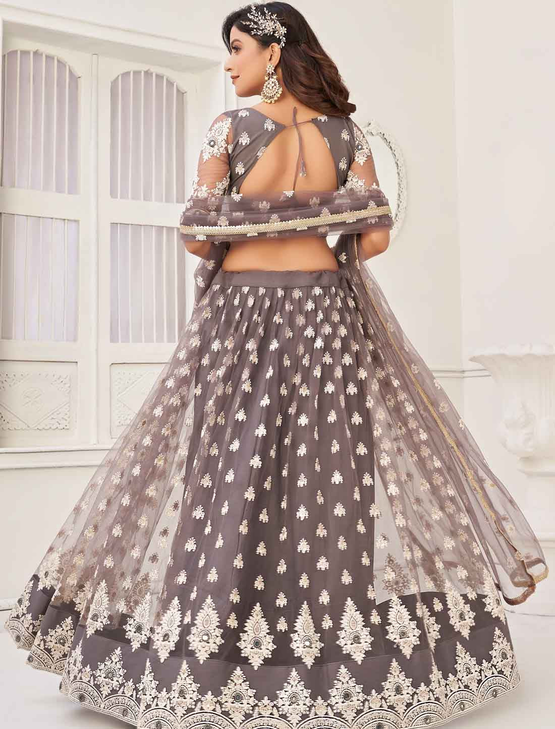 Ethnic Space Grey Embroidery Designer Semi-Stitched Lehenga Choli
