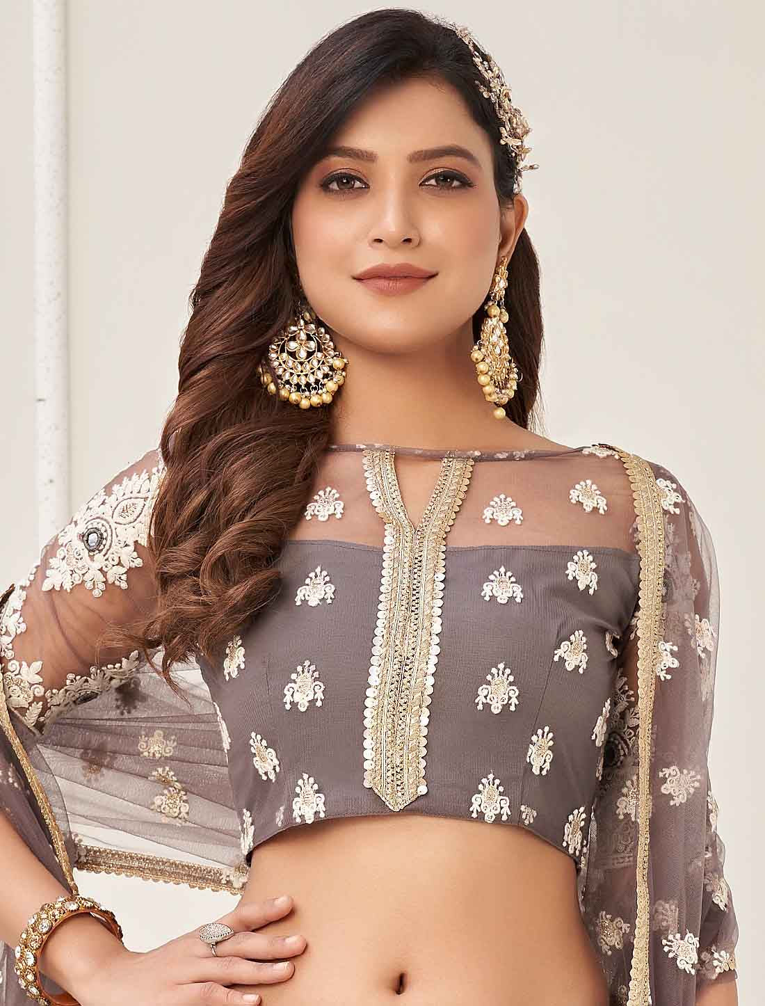 Ethnic Space Grey Embroidery Designer Semi-Stitched Lehenga Choli