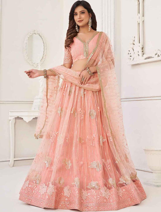 Peach Ethnic Embroidery Designer Semi-Stitched Lehenga Choli