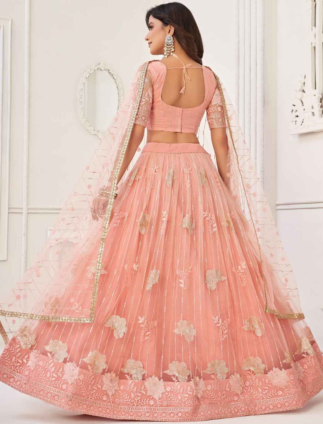 Peach Ethnic Embroidery Designer Semi-Stitched Lehenga Choli