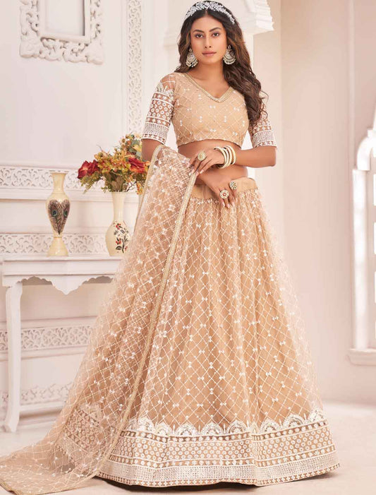 Beige Ethnic Embroidery Semi-Stitched Lehenga Choli