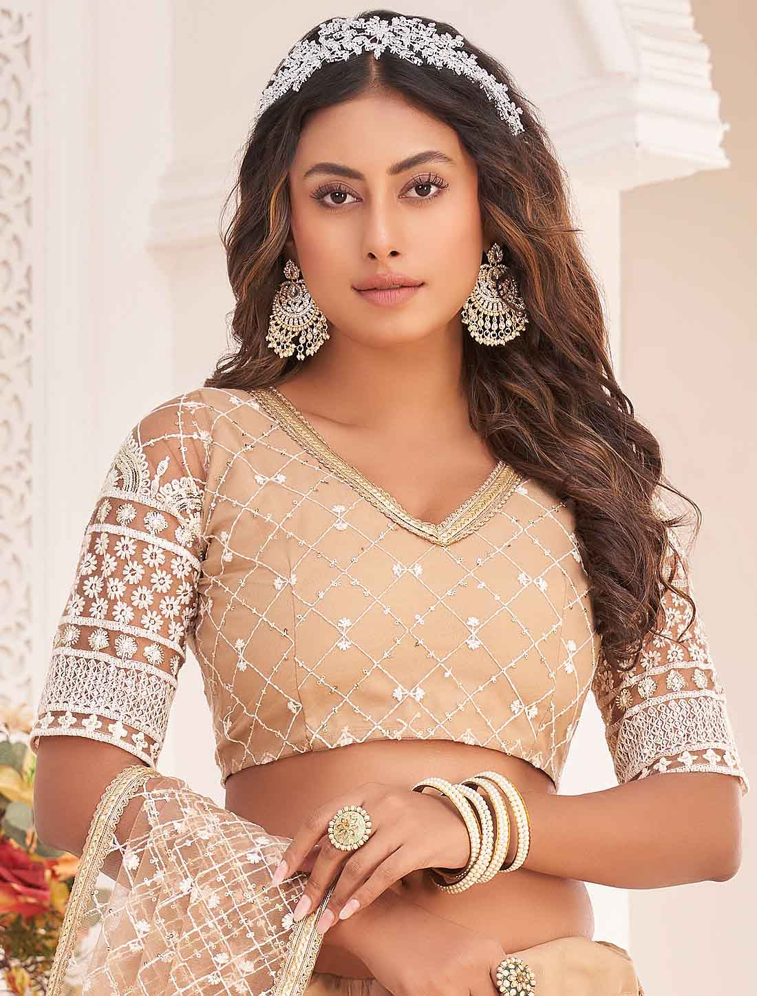 Beige Ethnic Embroidery Semi-Stitched Lehenga Choli