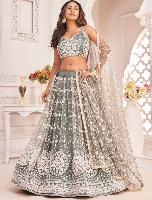 Dusty Green Ethnic Embroidery Semi-Stitched Lehenga Choli