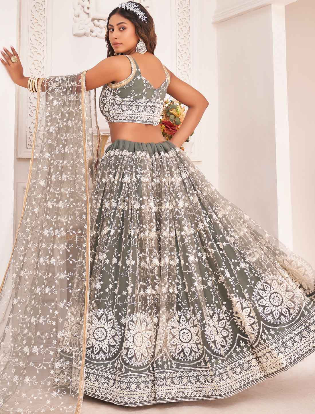 Dusty Green Ethnic Embroidery Semi-Stitched Lehenga Choli