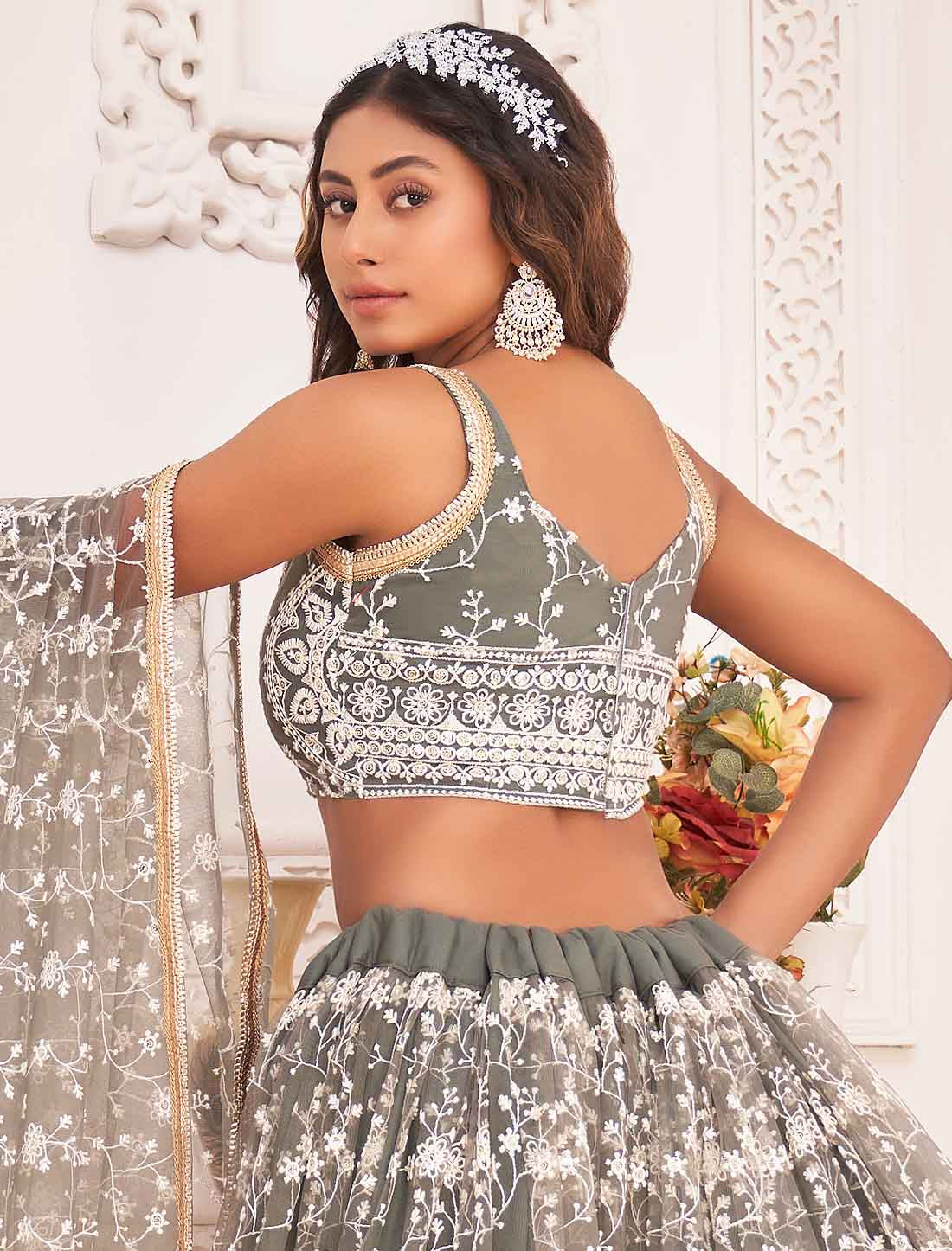 Dusty Green Ethnic Embroidery Semi-Stitched Lehenga Choli