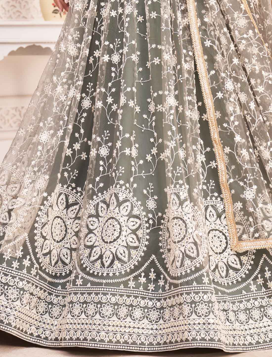 Dusty Green Ethnic Embroidery Semi-Stitched Lehenga Choli