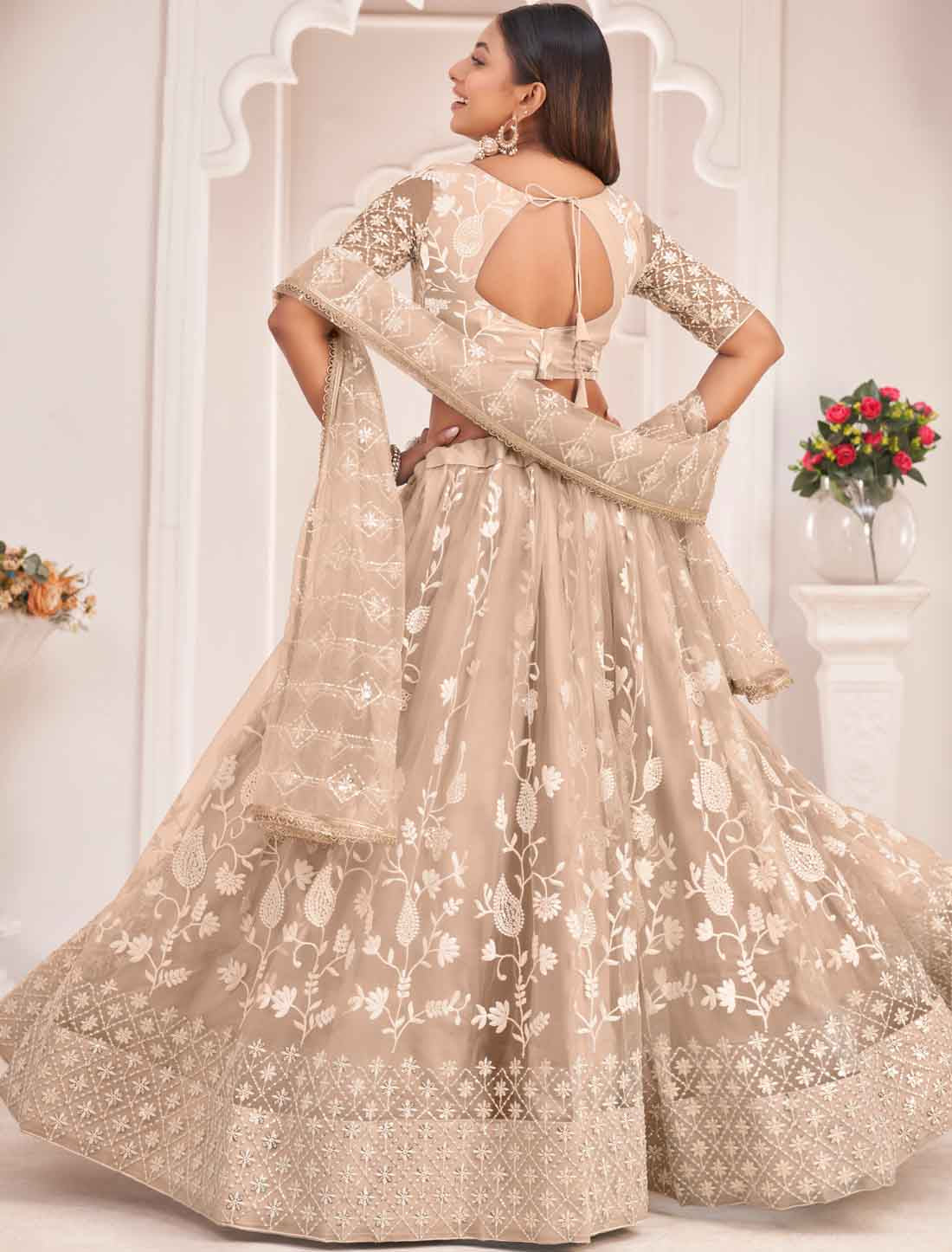 Designer Beige Ethnic Embroidery Lehenga Choli