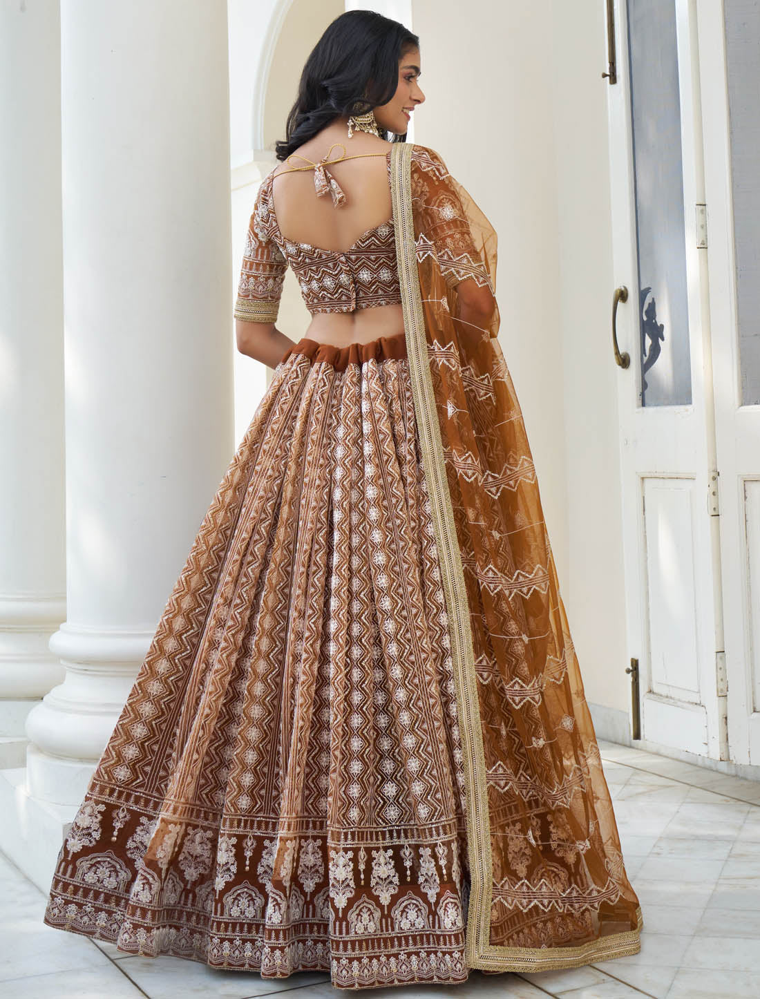 Brown Semi Stitched Party Wear Wedding Lehenga Choli For Women Butterfly Net Intricate White Thread & Sequins Embroidery Work