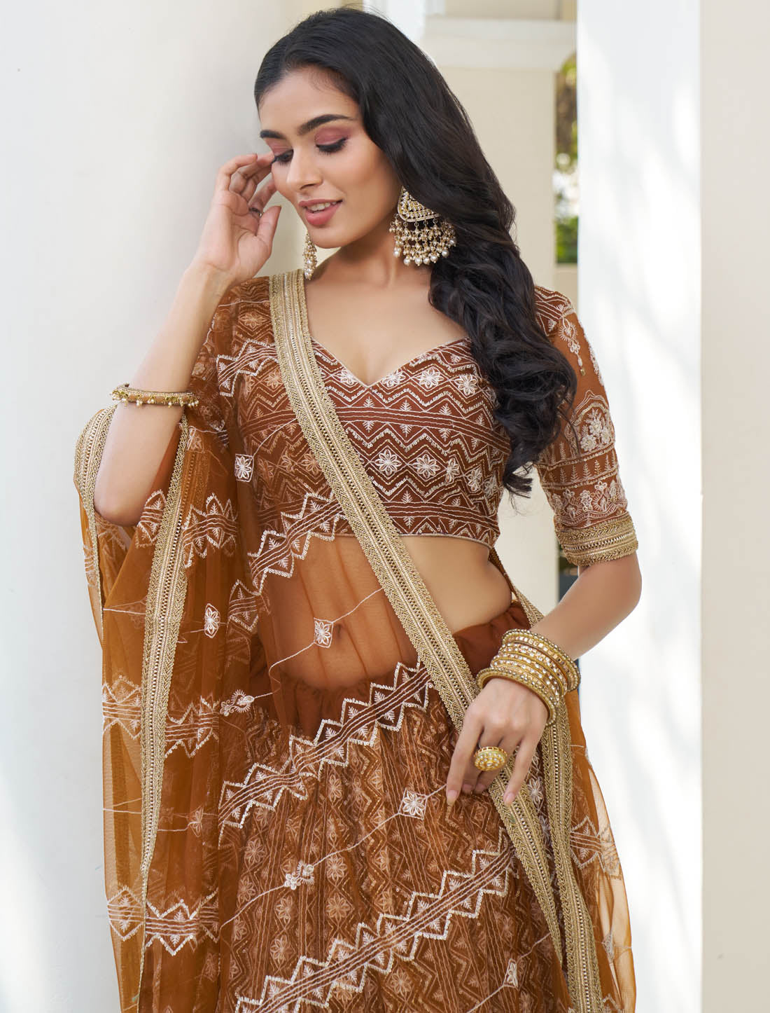 Brown Semi Stitched Party Wear Wedding Lehenga Choli For Women Butterfly Net Intricate White Thread & Sequins Embroidery Work