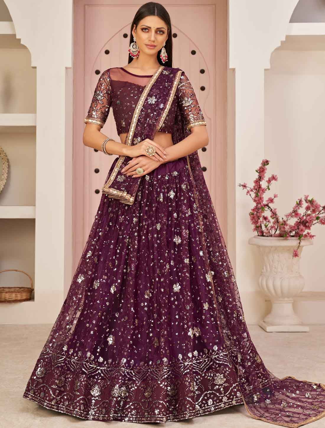Ethnic Mono Net Zari Embroidery And Diamond Un-Stitched Lehenga Choli
