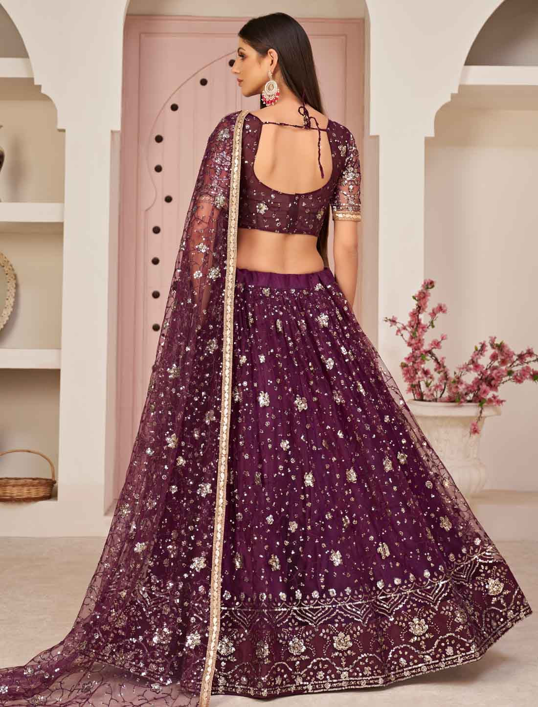 Ethnic Mono Net Zari Embroidery And Diamond Un-Stitched Lehenga Choli