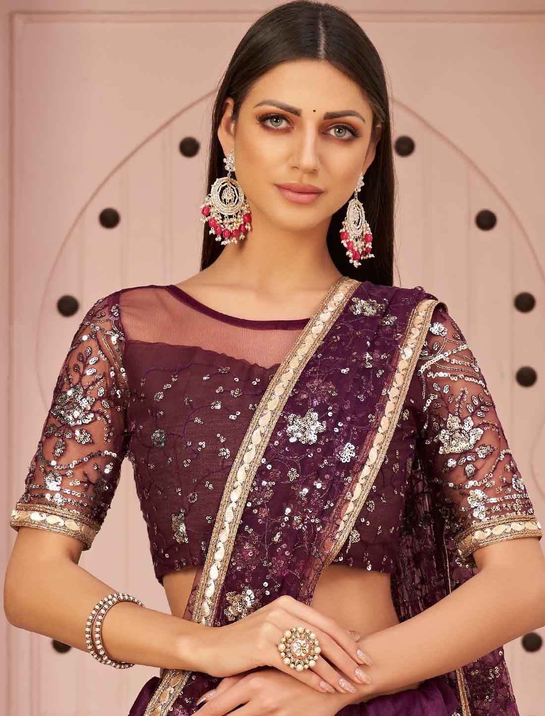 Ethnic Mono Net Zari Embroidery And Diamond Un-Stitched Lehenga Choli