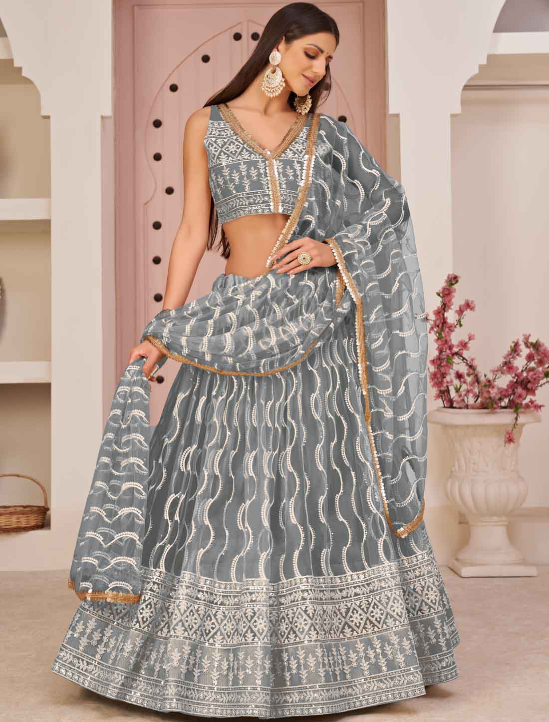 Butterfly Net Grey Embroidery Ethnic Semi-Stitched Lehenga Choli